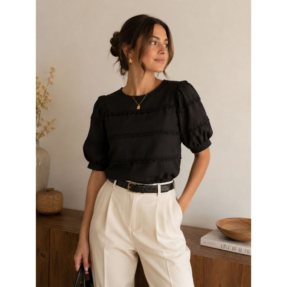 Grace Karin Black Ruched Puff Sleeve Blouse Women's Size Large